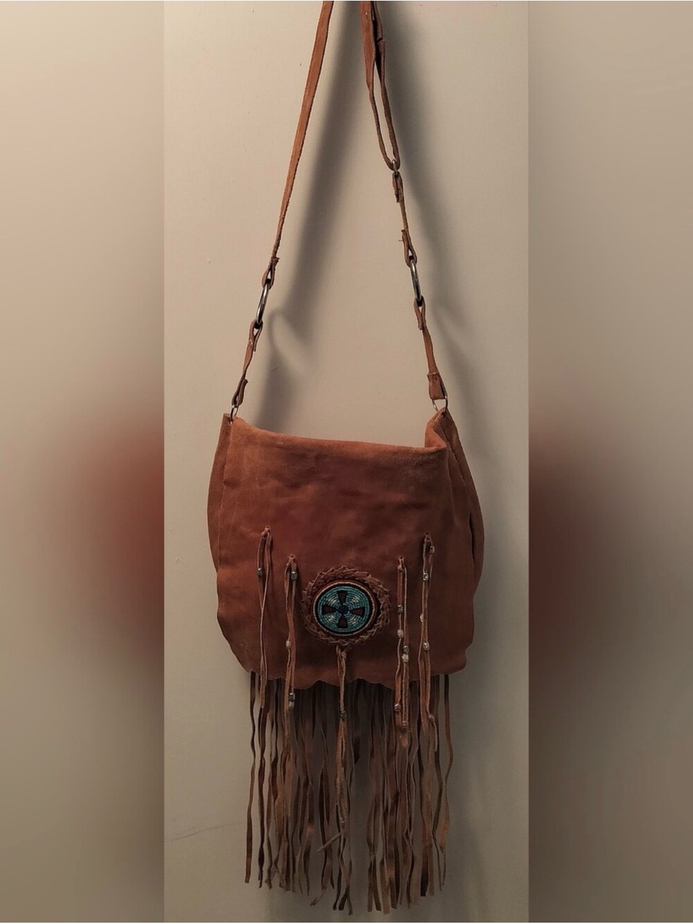 Fringed Crossbody Bag with Beaded Medallion - Tan - Picture 2 of 3